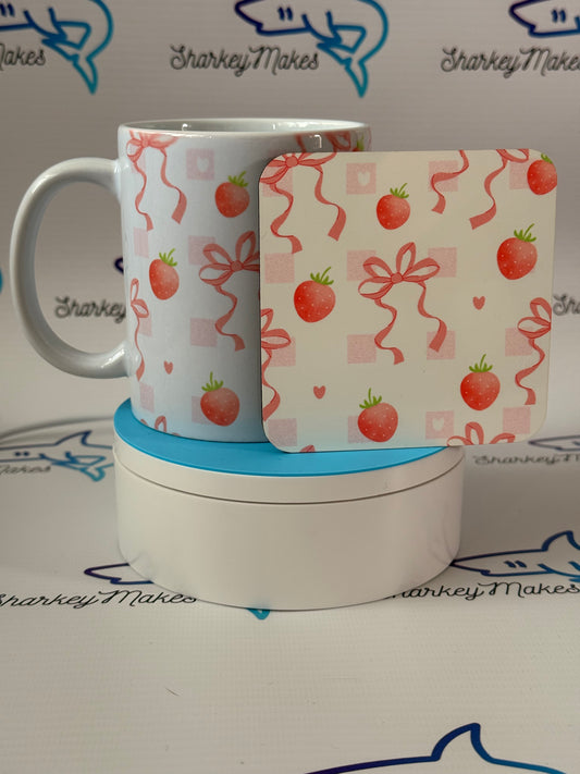 Pink Strawberry bow and coaster set